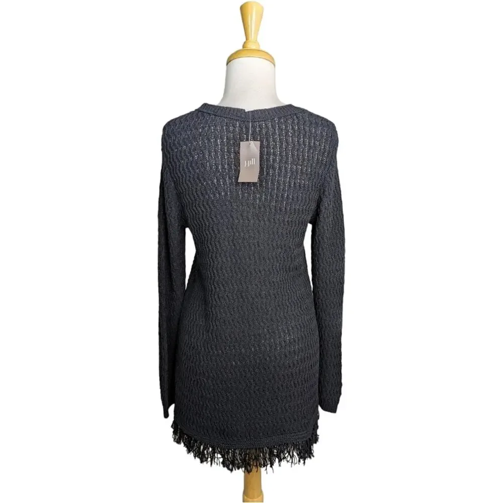 NEW J. Jill Fringe Tunic Sweater XS Black Knit Textured Pullover Cotton Blend